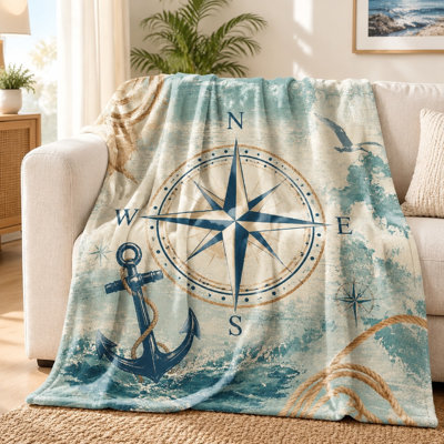 1Pcs Nautical Compass and Anchor Print Fleece Blanket – Vintage Marine Theme;Cozy WarmSingle-SidedMachine WashablePerfect for Sofa, Couch, Bed, TravelGreat Home Decor Gift Enthusiasts. Bedding and sofa items