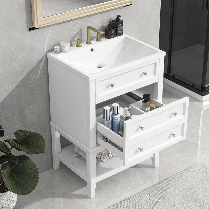 Meuble-lavabo avec tiroir et tablette ouverte