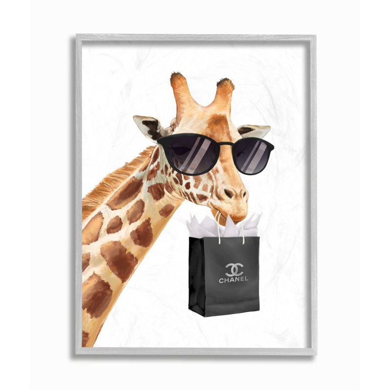 Glam Fashion Giraffe Animal by Ziwei Li - Painting, 11" H x 14" W, Farmhouse Grey Framed Giclee