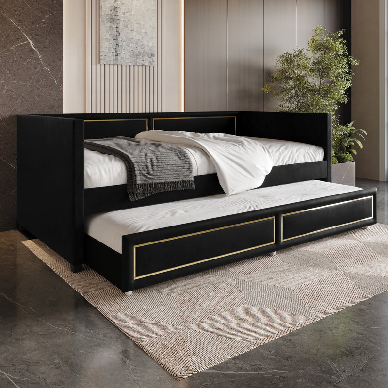 Upholstered Velvet Daybed with Trundle Bed, Black