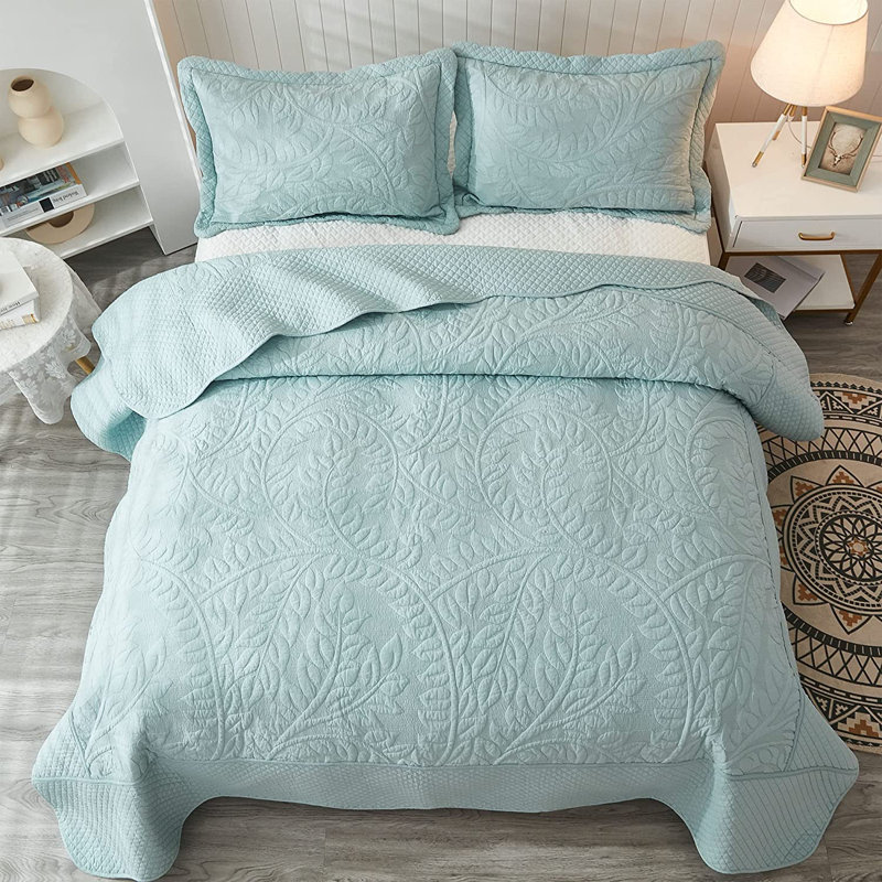 Cotton Quilt, Queen Quilt + 2 Standard Shams, Mint Green Blue