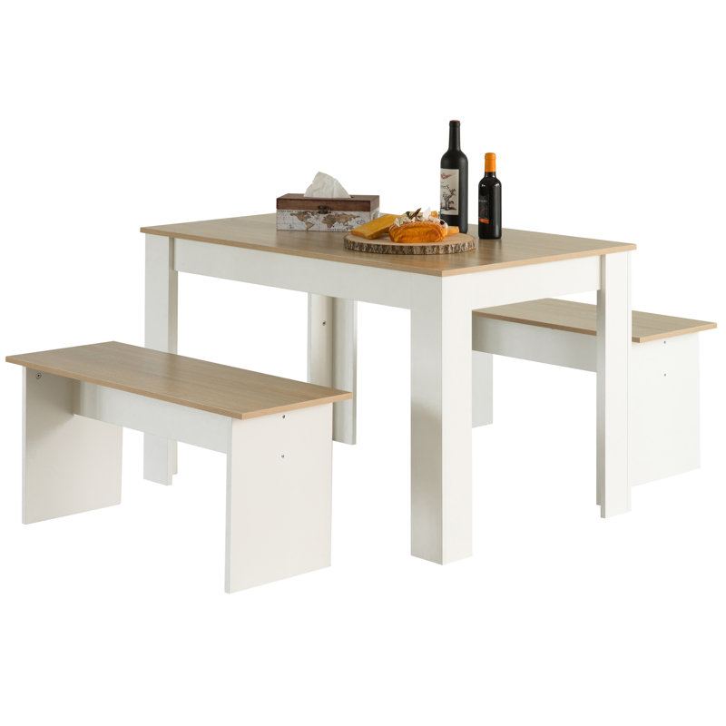 Table de salle à manger blanche moderne en bois avec deux bancs, ensemble de trois pièces, bureau d'écriture