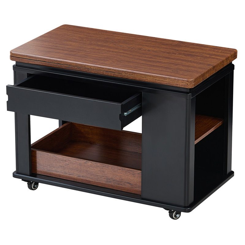 Table basse / table d'appoint moderne 27,6 po avec plateau pliable et roulettes, rangement multi-niveaux, noir et noyer, Noir