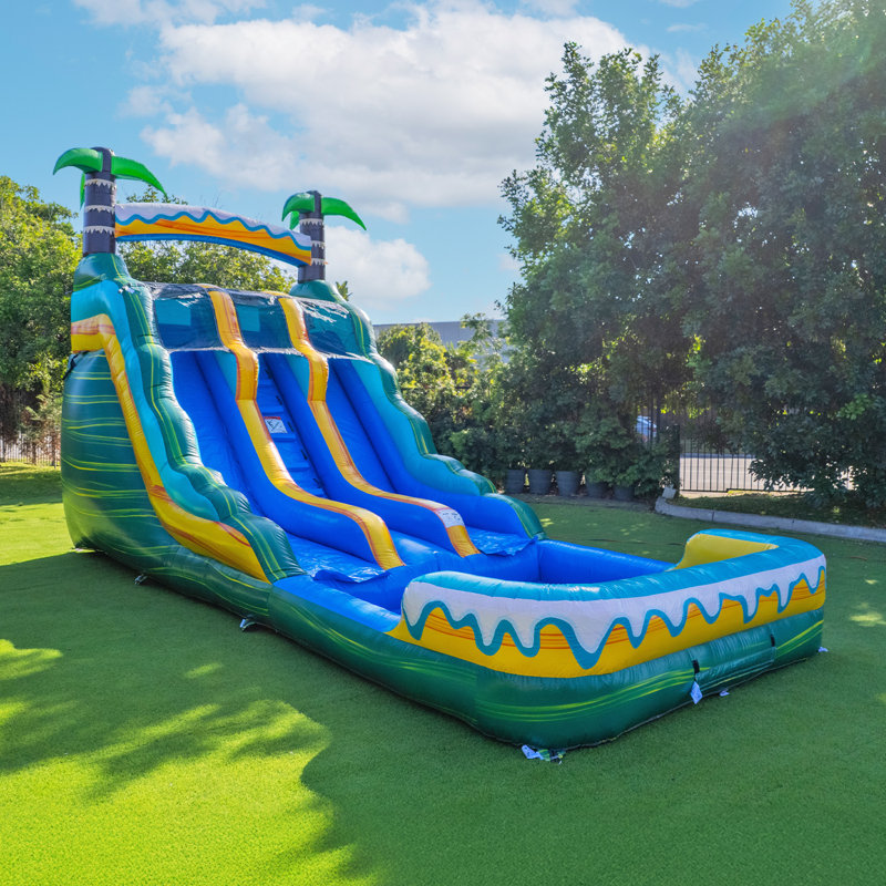 Toboggan aquatique gonflable Herokiddo Tropical Breeze de 7 m (23 pi) en vinyle marbré de qualité commerciale, à double voie, avec piscine intégrée et système de drainage, pour enfants et adultes (avec souffleur), pour l'intérieur et l'extérieur, idéal pour les fêtes d'anniversaire, location de qualité, grand gonflable, toutes saisons