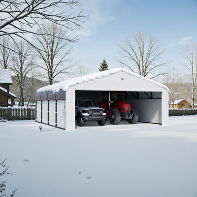 19.46 ft. W x 19.13 ft. D Heavy Duty Metal Frame Carport with Solar Lamp, Outdoor Garage Car Shelter with Powder-Coated Steel Roof & Fabric Sidewall