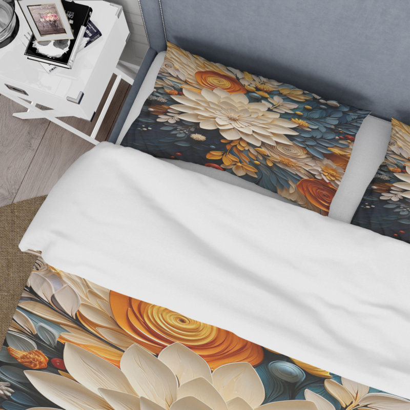 Orange Teal Botanical Whirlwind IV - Abstract Botanicals Duvet Cover Set - Microfiber Polyester