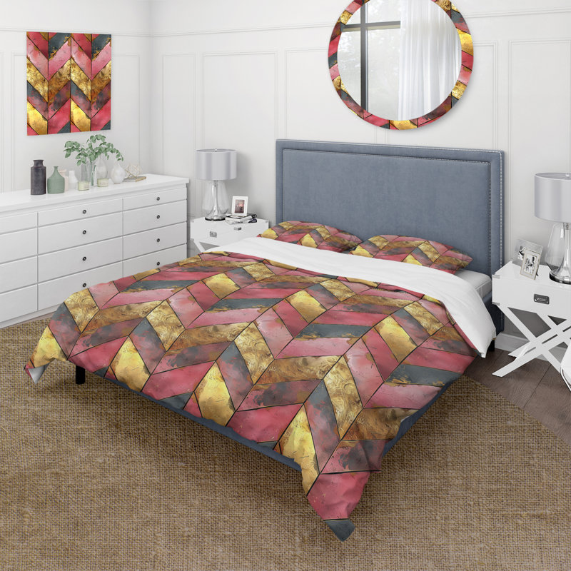 Ensemble de housse de couette Golden Chevron VIII - Midcentury, Housse de couette très grand + 2 taies décorativ