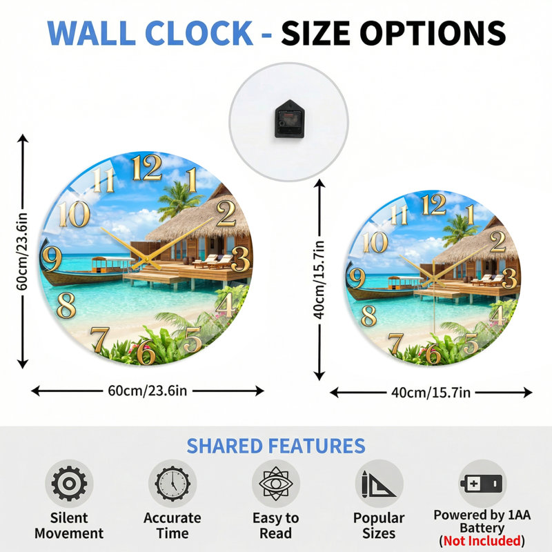 Horloge murale décorative en verre Tropical Paradise, 60 x 60 cm (23,6 x 23,6 pouces)
