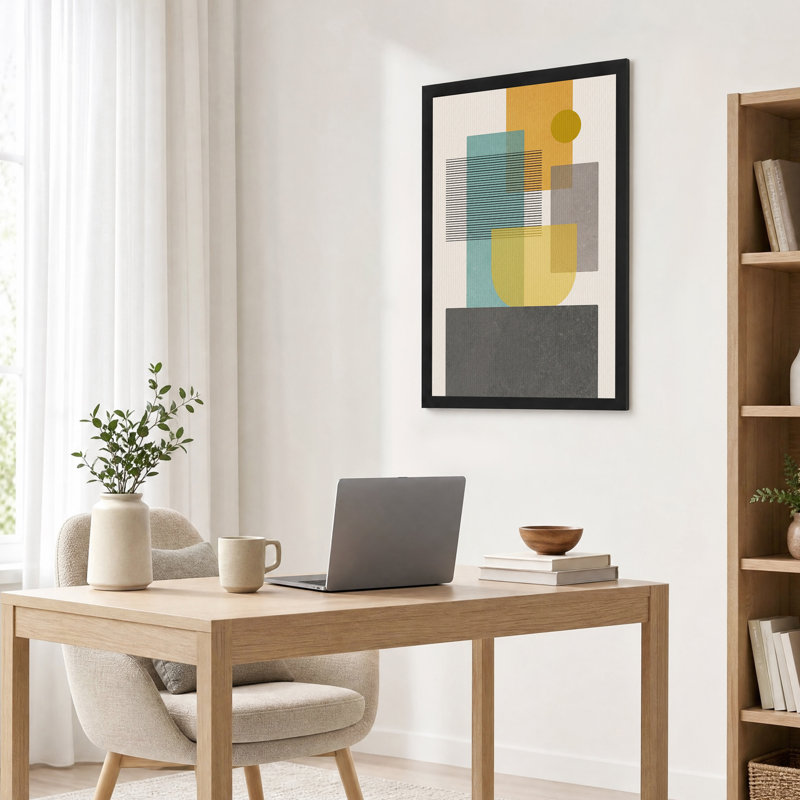 Formes géométriques sur toile turquoise et moutarde, H 24 po x l 16 po