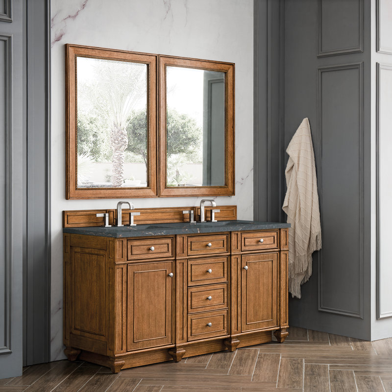 Meuble-lavabo double 60 po Bristol avec chargeur sans fil FreePower, Brun selle, Bleu Parisien