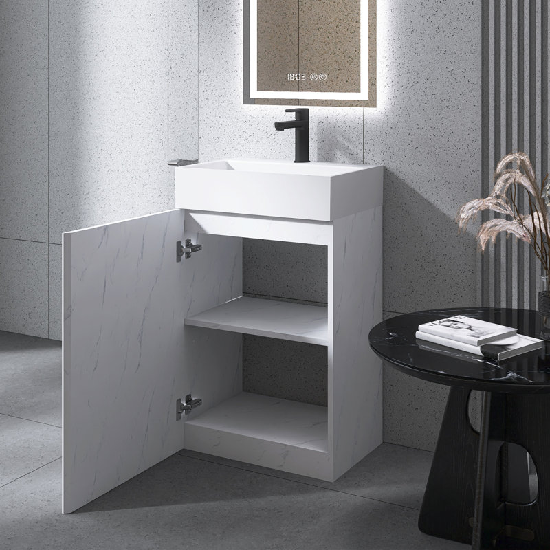 Meuble-lavabo autoportant en marbre blanc moderne de 20 po avec lavabo en céramique
