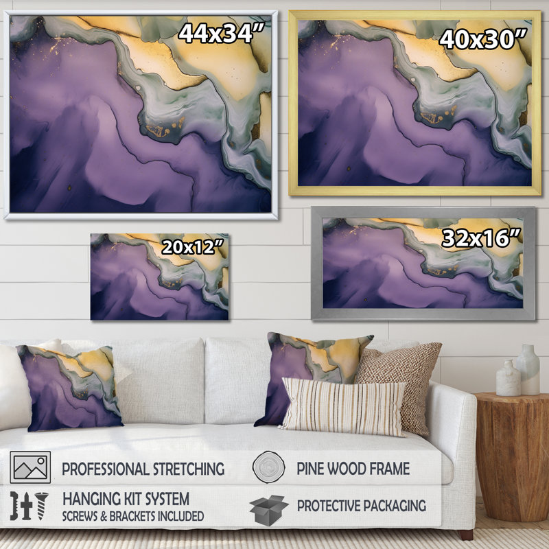 Mauve et gris nuages d'encre de marbre III - impression, Encadrement doré, H 24 po x l 32 po x P 1 po