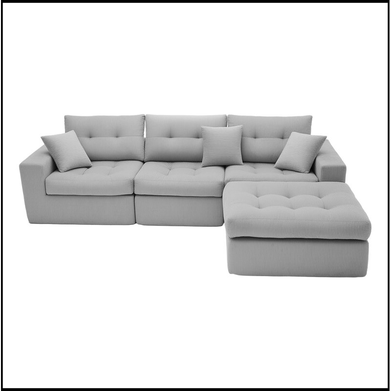 Canapé modulaire en L Corduro avec dossier moelleux, Gris clair
