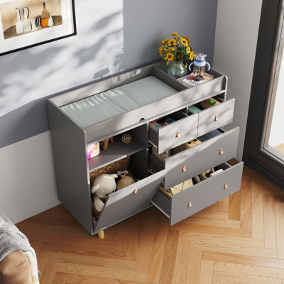 32.3" Baby Changing Table Dresser With Changing Station Top, 4 Drawers & Storage Cabinet