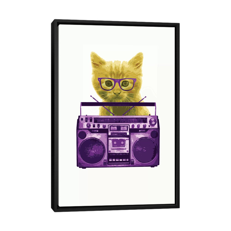 «Hipster Kitty», impression sur toile, H 26 po x l 18 po x P 1,5 po, Toile avec cadre noir, Pas de tapis