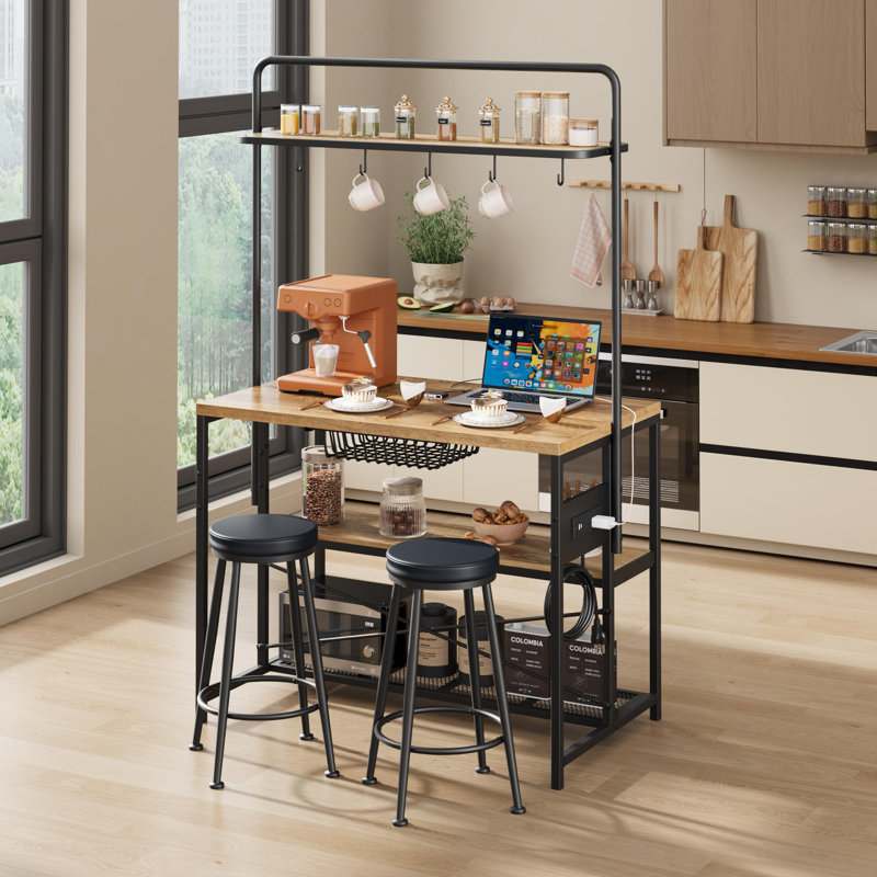 Kitchen Island with Power Outlet & 2 Stools - Industrial 3-Tier Shelves, Hooks, Microwave Stand for Dining Room, Living Room, Apartment-Natural