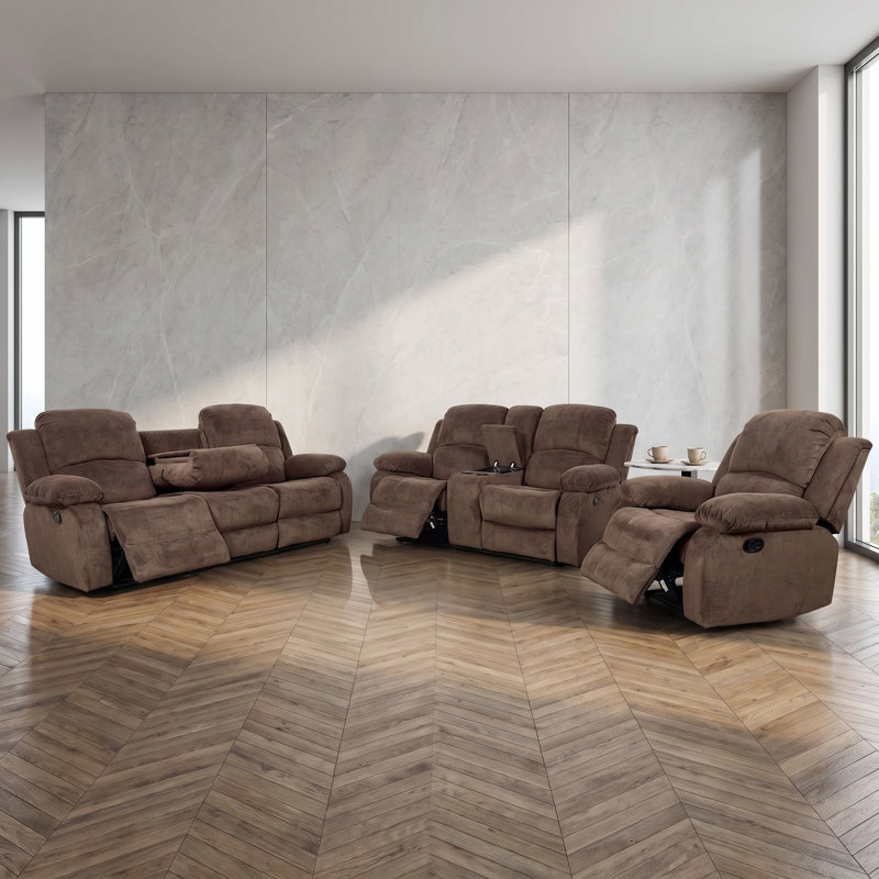 Ensemble de canapé inclinable électrique 3 pièces brun | Canapé en velours avec rangement et porte-gobelets