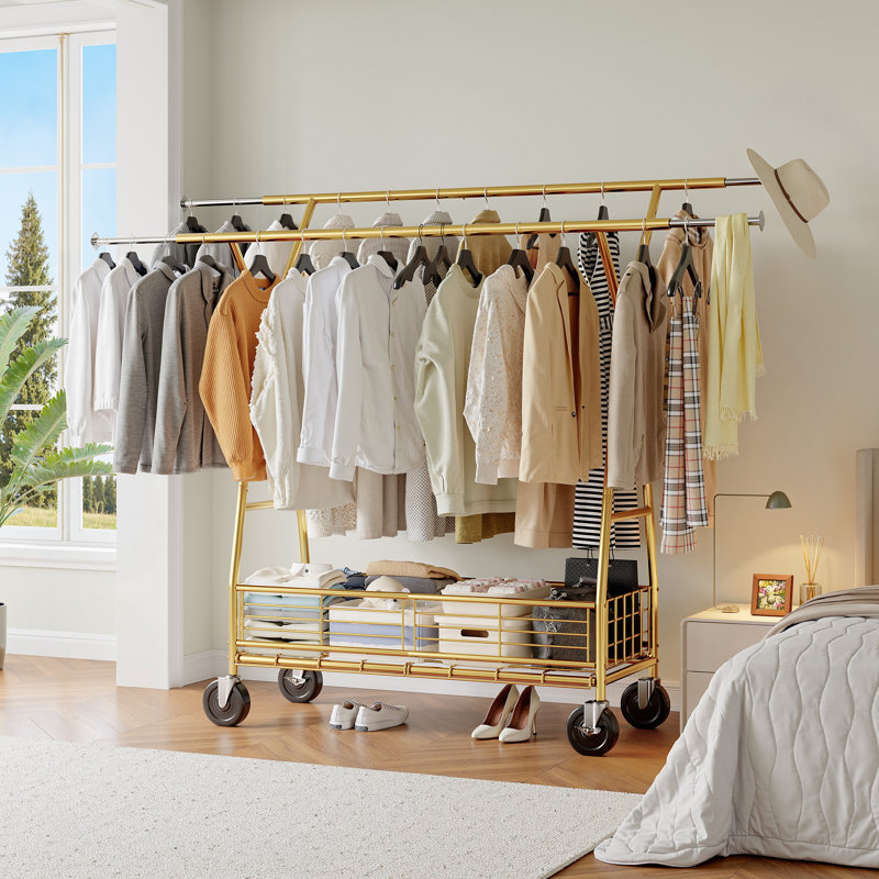Porte-vêtements Madalin 630 lb avec panier en métal, porte-vêtements robuste, garde-robe en métal, Doré