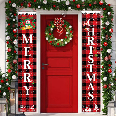 Ensemble de bannières de porte « Joyeux Noël » à motif quadrillé rouge, 180 x 30 cm, décoration de Noël à suspendre.