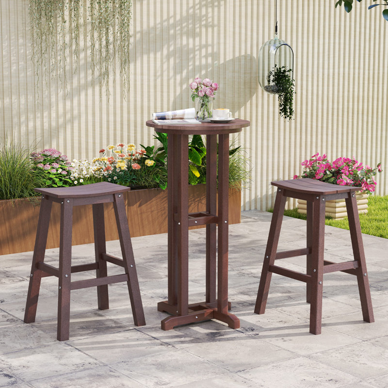 3PCS Outdoor HDPE Bar Table & Chair Set for 2 w/ Footrests for Garden Yard Pool, Brown