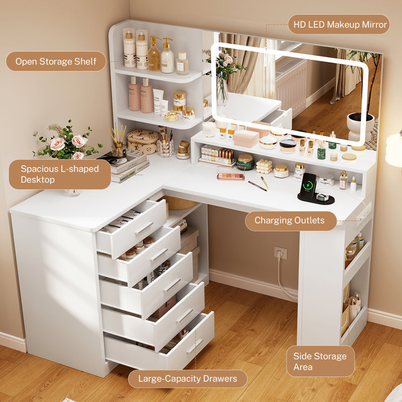 L-Makeup Vanity Desk with LED Light Mirror & Power Outlet, Corner Dressing Table with 5 Drawers