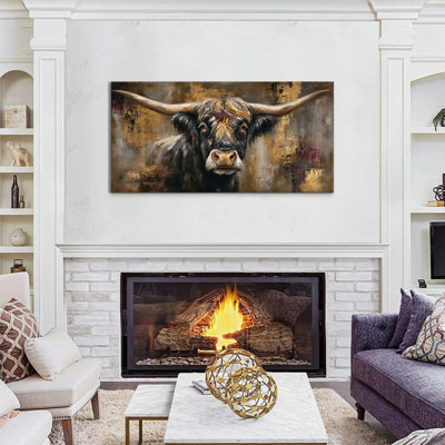 «Vintage Highland Cow Wall Art Rustic Abstract Aquarelle Photo de vache, décoration murale, chambre à coucher, salon, bureau, Ouest, décor, noir et or, Écosse, vache, peinture, affiche, œuvre d'art, décorations pour la maison, 24 x 48 po
