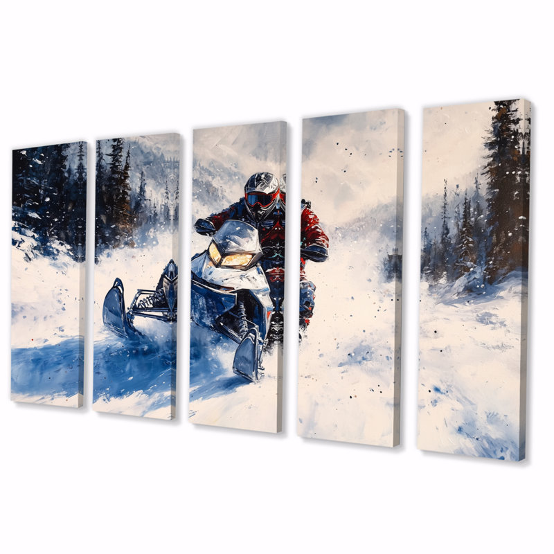 Motoneige bleue Hillcross accentuée de blanc II - ensemble d'art mural sport d'hiver, H 32 po x l 80 po