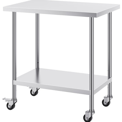 Table de travail en acier inoxydable argenté, 4 roues, 3 niveaux de hauteur réglable, pour la préparation et la préparation des aliments à usage commercial en cuisine et en restauration.