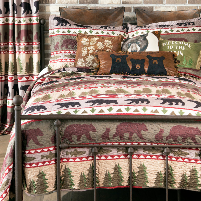 Rustic Queen Microfiber Quilt Set with Bear and Pine Tree Pattern