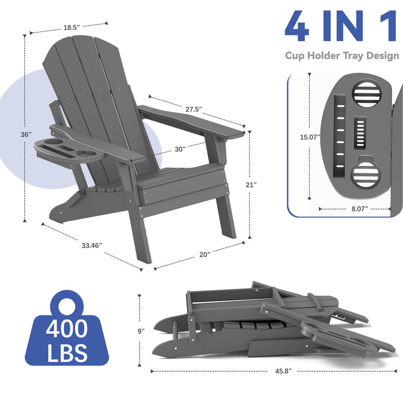 Hdpe Folding Adjustable Adirondack Chair Set Of 4, Gray