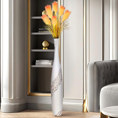 Tall White Resin Floor Vase with Embossed Textured Pattern, Modern Standing Vase for Home Decor
