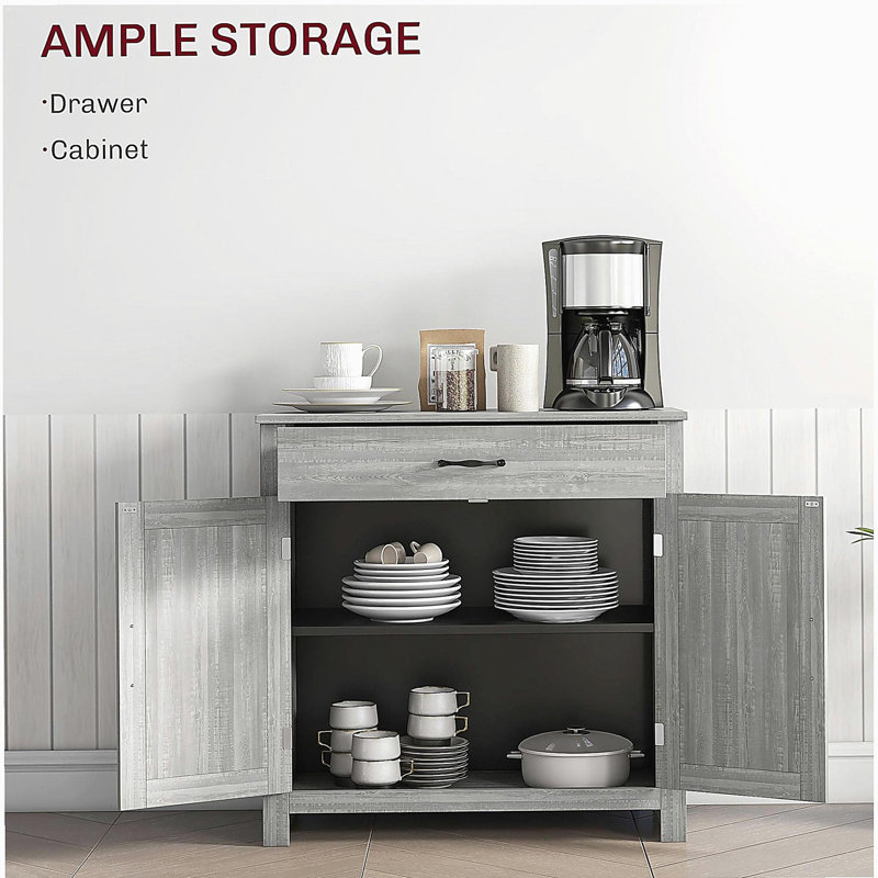 HOMCOM Farmhouse Style Side Cabinet Dining Room Cabinet, with Drawer and Adjustable Shelves Warehouse Door Coffee Bar Cabinet, Suitable for Living Room, Entrance Kitchen Cabinet, Stone Grey