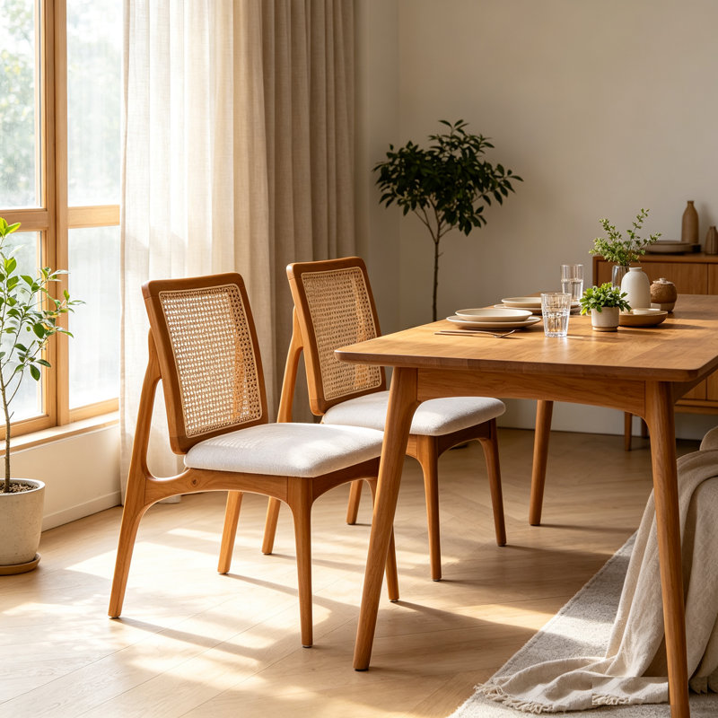 Ensemble de 2 chaises de salle à manger en rotin de style Mid-Century moderne, chaises d'appoint en bois d'hévéa avec dossier en rotin naturel