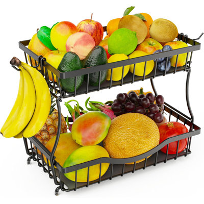 Grand panier à fruits à 2 niveaux pour comptoir de cuisine avec 2 cintres à banane, bol à fruits en métal avec tapis de protection pour grignotage de pain aux légumes, organisateur de comptoir - noir, l 14,5 po x P 9,5 po