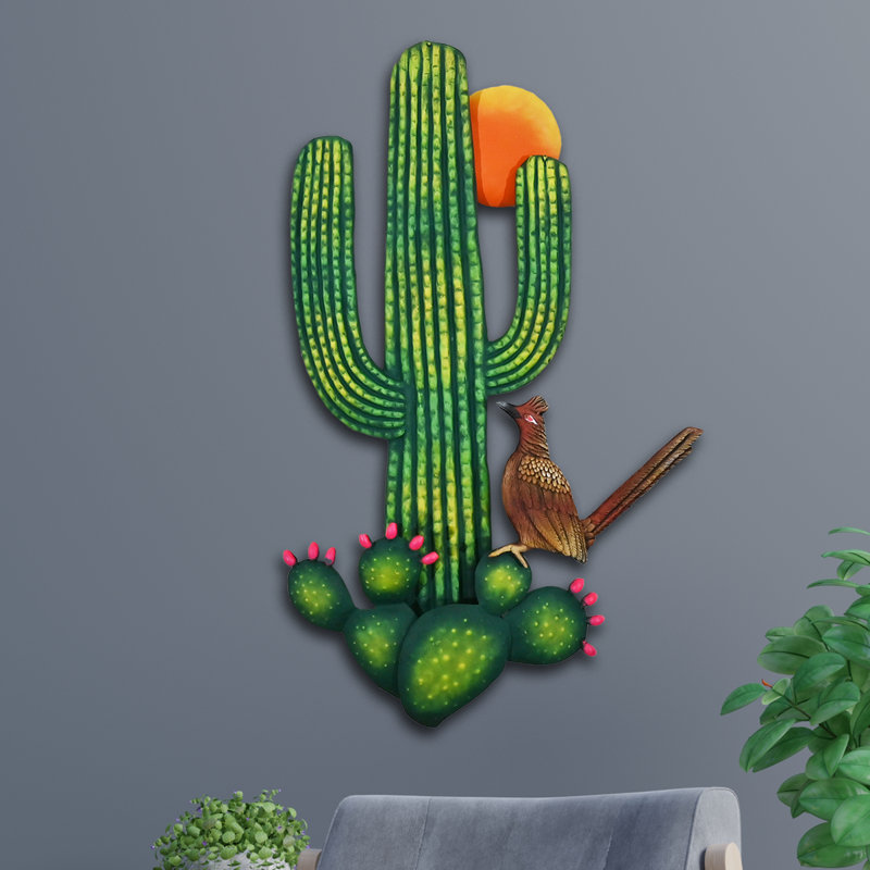 Cactus 3D Nopal et Saguaro avec soleil et Roadrunner en acier de qualité et fibre de verre