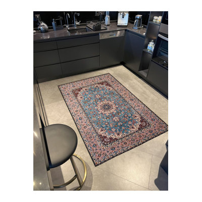 Tapis bleu lavable décoratif traditionnel traditionnel