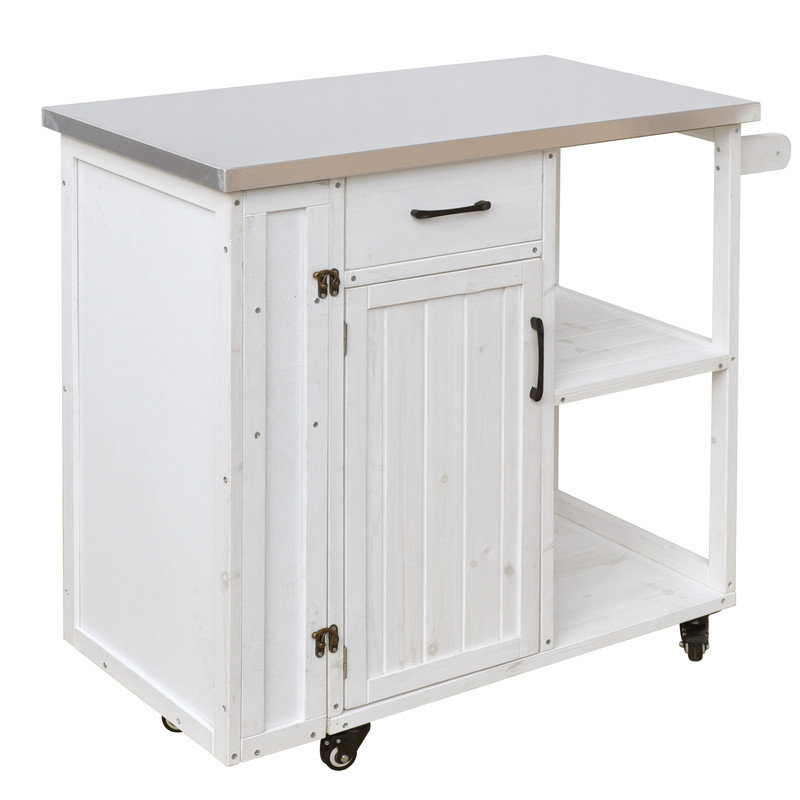 Chariot de cuisine verrouillable pour l'extérieur avec îlot de cuisine, comptoir en acier inoxydable, White