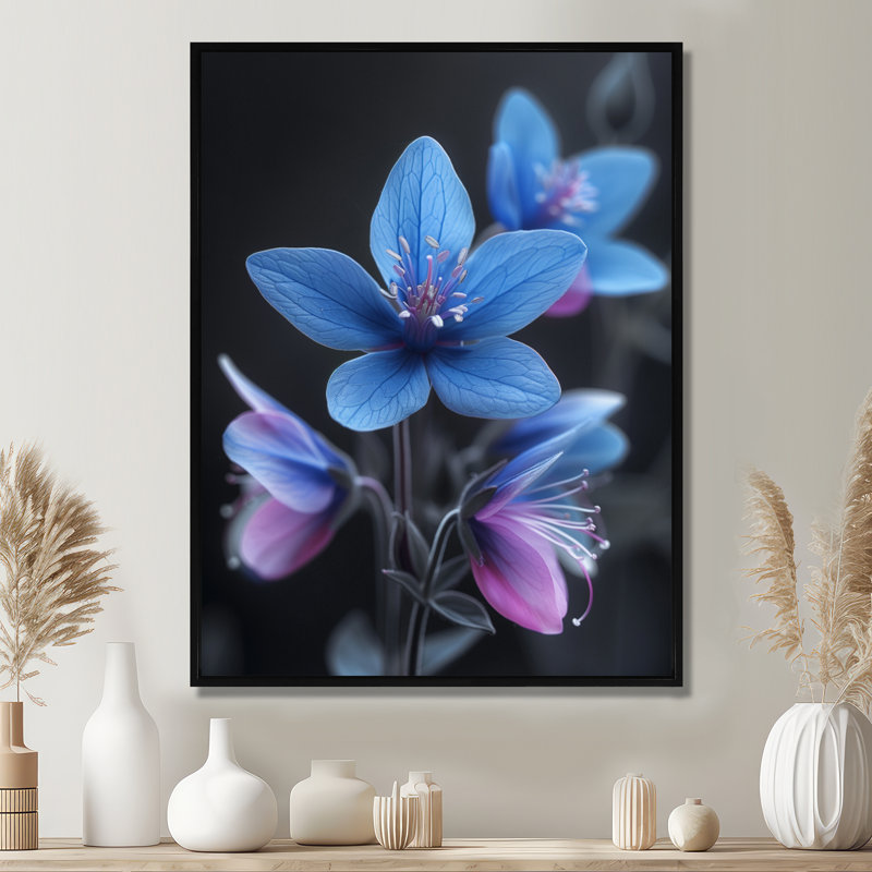 Impression d'art mural bleu, mauve et urbain fuchsia - fuchsia, Cadre flottant noir, bois massif, H 24 po x l 32 po