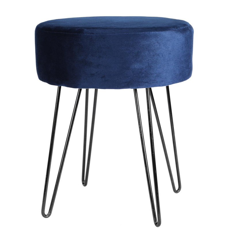 Harbour Housewares Round Velvet Footstool, Black, Blue