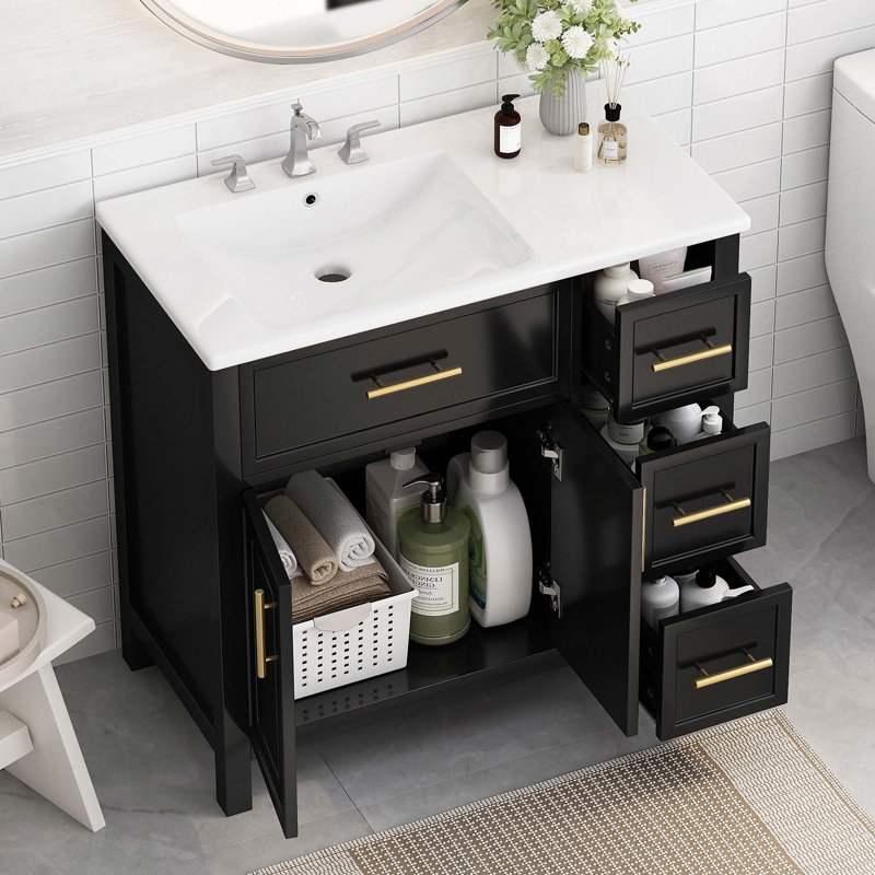 Meuble-lavabo élégant et fonctionnel avec lavabo en céramique solide, deux portes et trois tiroirs pour un rangement généreux