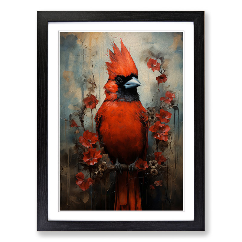 Cardinal Bird Expressionism - Single Picture Frame Print on Wood, Black Framed, 64cm H x 46cm W x 2cm D