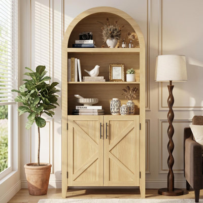 63'' Arched Bookcase with 2 Cross Decor Doors, Farmhouse Pantry Storage Cabinet with Open Display Shelf, for Kitchen, Dining, Living Room, Natural