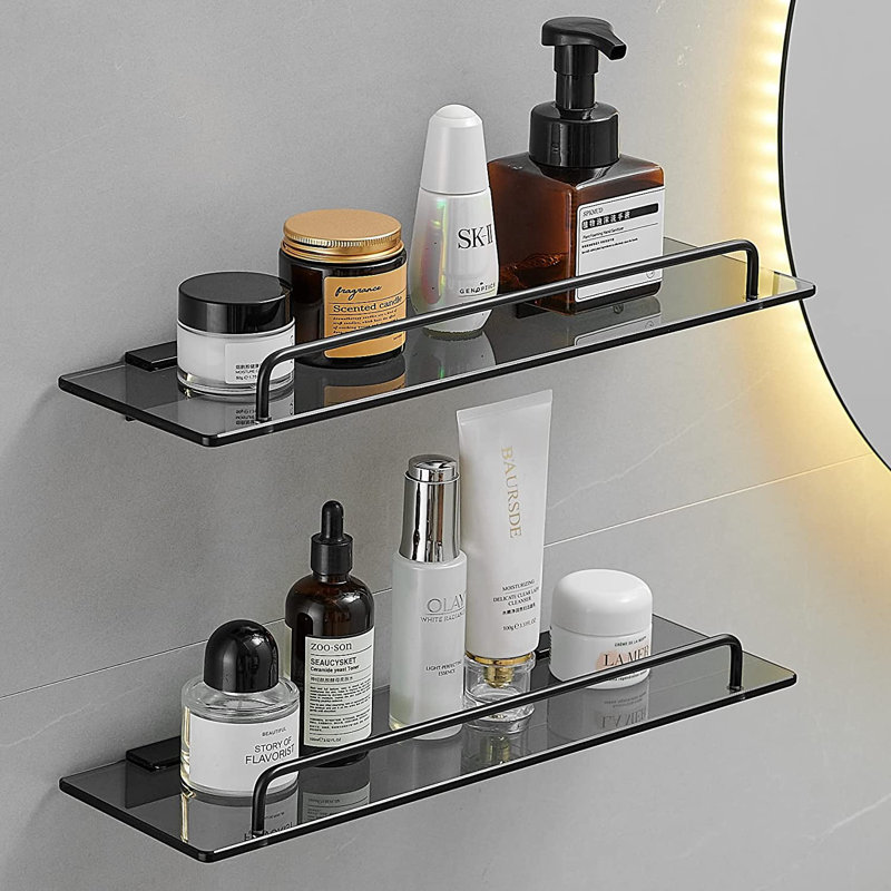 Cirila Bathroom Shelves Wall Mounted Tempered Glass Shelf with Rail Floating Shelves