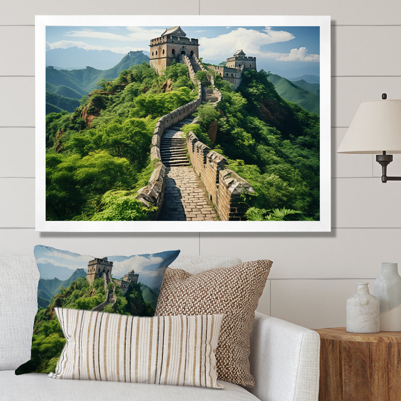 Panorama de la Grande Muraille de Chine - art mural Chine, H 24 po x l 32 po x P 1 po, Cadre de coin blanc fermé