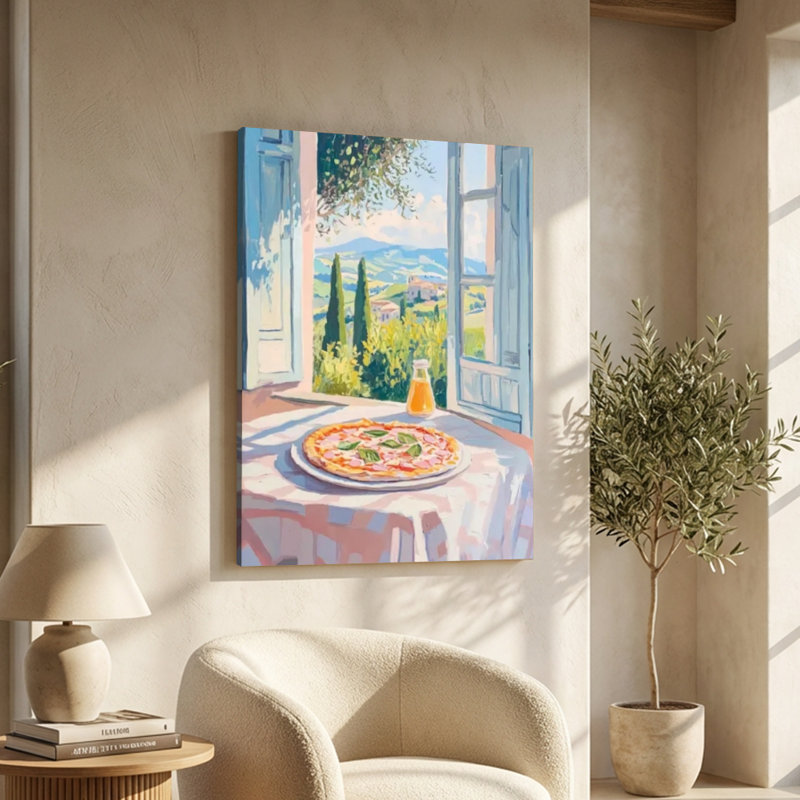 "Pizza sur une table avec vue sur les collines", impression sur toile de style impressionniste. Peinture moderne, galerie profonde de 1 po, 24 po x 36 po