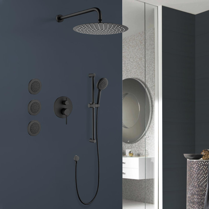 1-Spray 11.8 In. Wall Mount Dual Fixed And Handheld Shower Head 2.5 GPM With Slide Bar, Body-Sprays, Matte Black