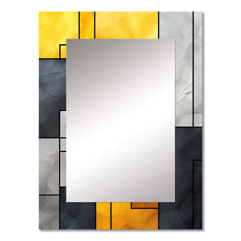 Yellow and Grey geometric fusion 5 - Geometric Unique Wall Mirror, Yellow Mirror, Printed Metal Art, 32" x 24"