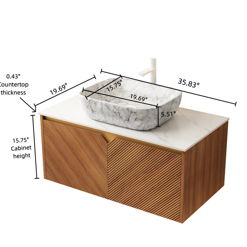 Woodinville Bathroom Vanity & Sink Choice, Plywood Storage Unit, Marble Pattern Ceramic Vessel, Sintered Stone Surface Treatment, Twill Double Doors With Metal Accoutrements 48" Constitution,