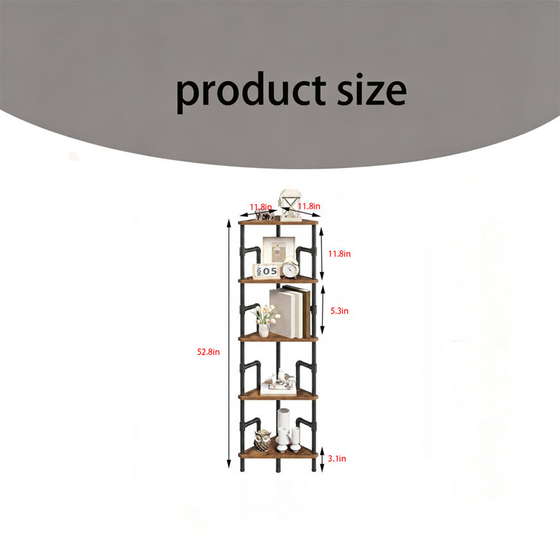 5-Tier Corner Shelf Stand – Metal Frame Corner Bookshelf, Narrow Display Rack, Industrial Style Corner Bookcase for Living Room, Bedroom, Home Office