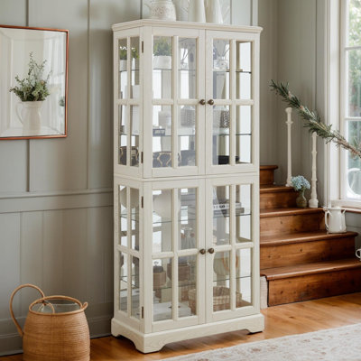  Lighted Display Curio Cabinet, 69" Wood China Display Case with Glass Doors & Adjustable Shelves, Light Bulb Included, Freestanding Tall Wine Storage Rack for Bar and Liquor Storage, Living Room